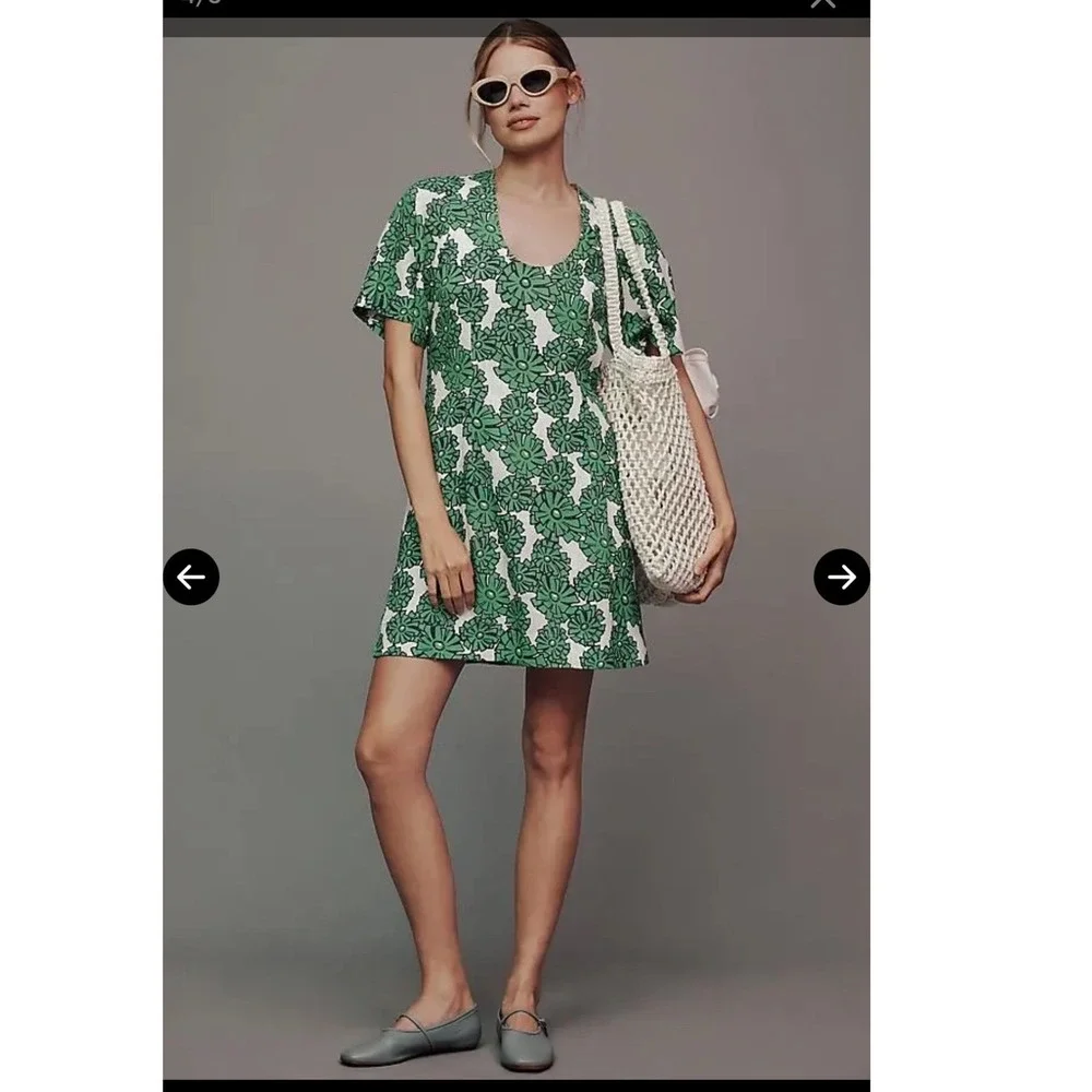 Porridge Clothing Green Floral Linen Blend Mini Dress Short Sleeve Small Retro - Picture 4 of 12